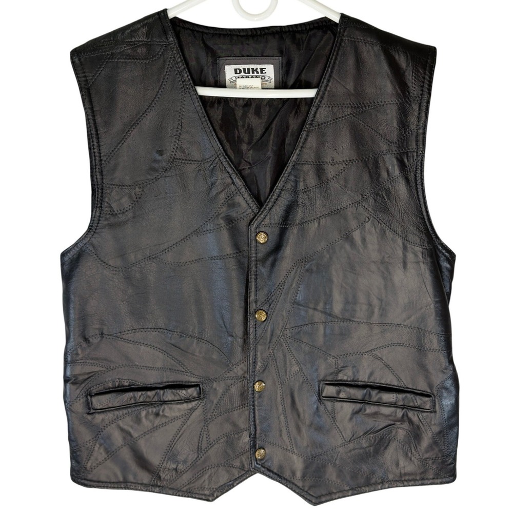 Duke Haband Mens Black Genuine Leather Vest V-Neck Biker Western L
